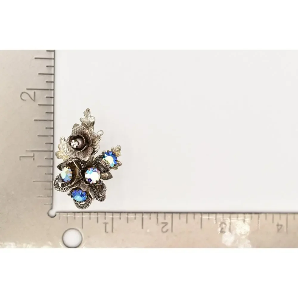 kramer Vintage Crystal Clip On Earrings AB Blue Prong Silver Floral 1950s BinBK